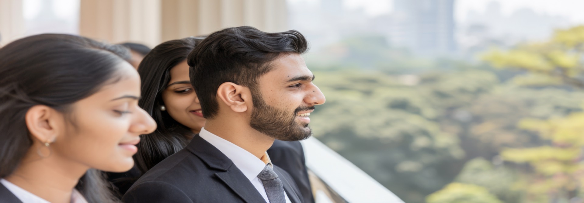 Team of Indian business professionals overlooking the city from a modern office