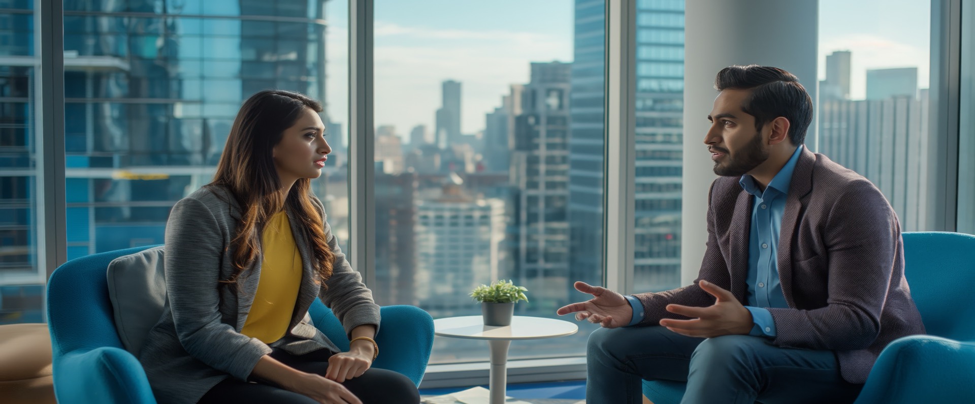 Advisor in consultation with a client at a modern office